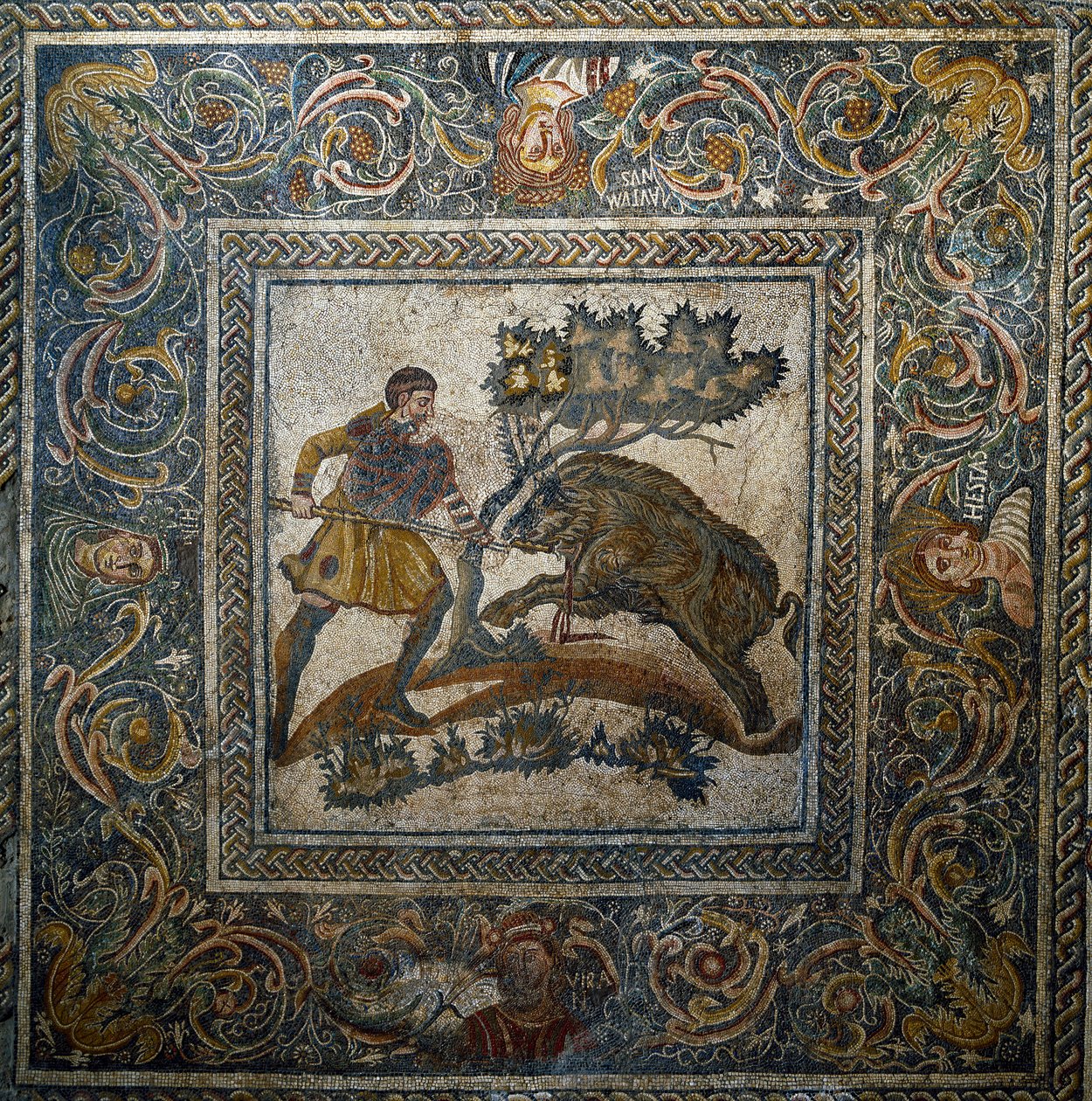 Romersk kunst: "" villsvinjakt""" Mosaikk fra det 4. århundre e.Kr. fra den romerske villaen Las Tiendas. Merida, Nasjonalmuseet for romersk kunst, Spania av Roman