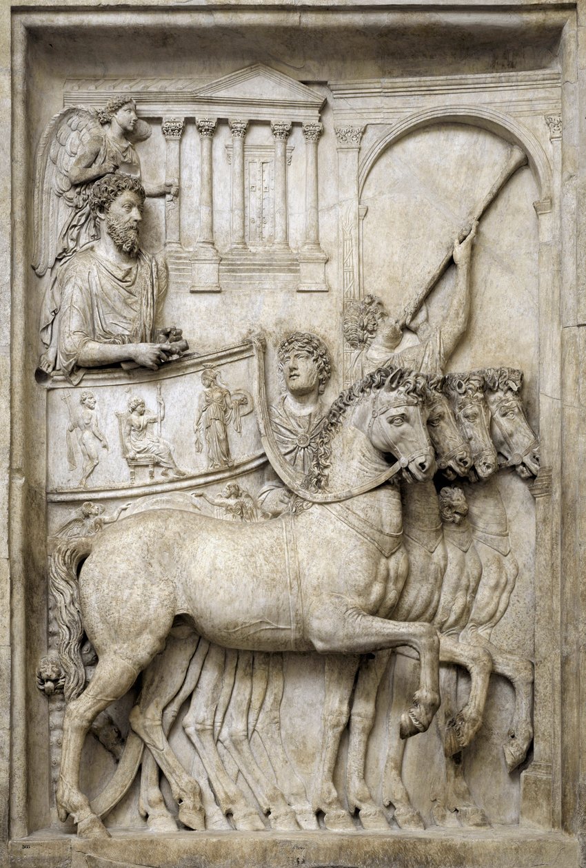 Romersk keiser Marcus Aurelius på sin triumfvogn, 2. århundre (marmorrelieff) av Roman