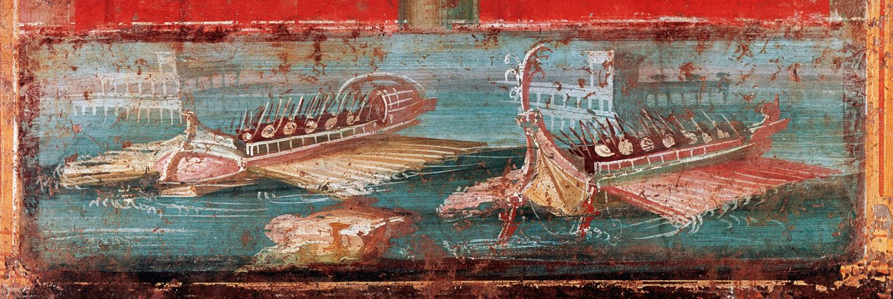 Romerske krigsskip ved inngangen til en havn (fresco av Roman
