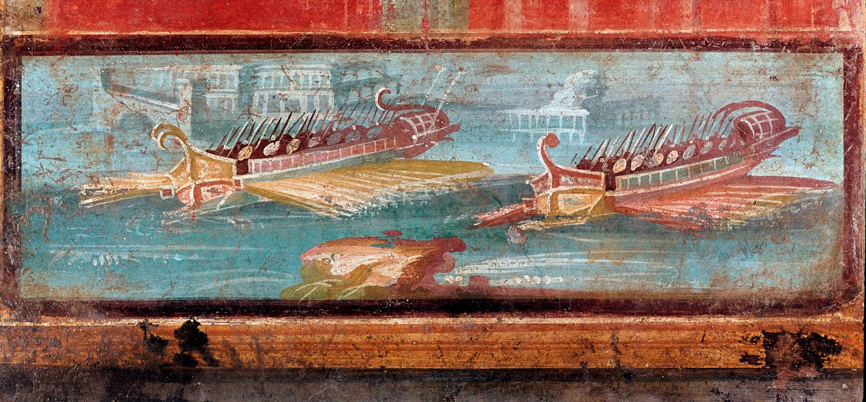 Romerske krigsskip ved inngangen til en havn (fresco av Roman