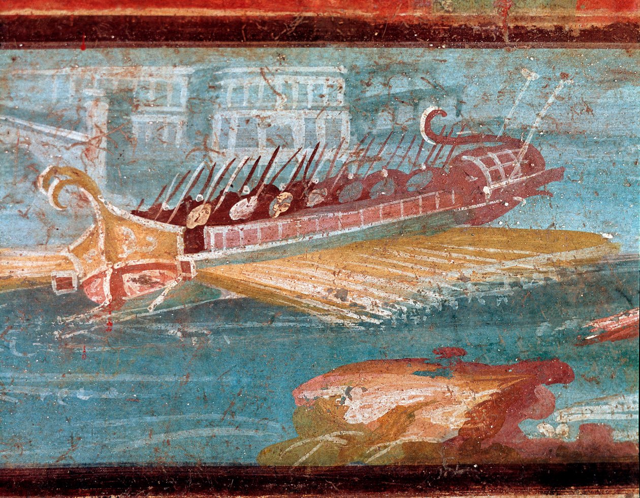 Romerske krigsskip ved inngangen til en havn (fresco av Roman
