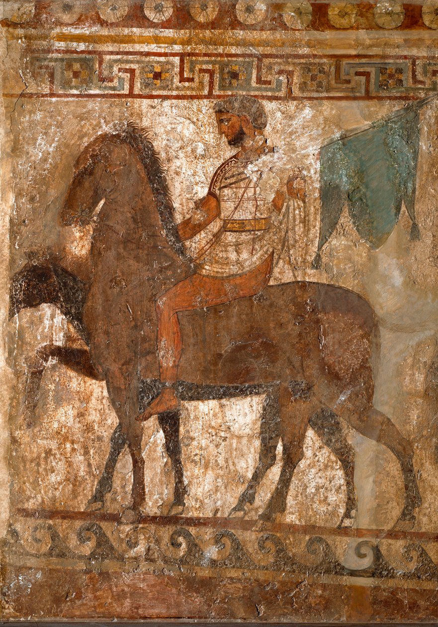 Samnite rytter. Gravmaleri fra det 4. århundre f.Kr., fra stedet til Paestum, Italia. Fresco. Museo nazionale archeologico, Napoli (Arkeologisk museum i Napoli). av Roman