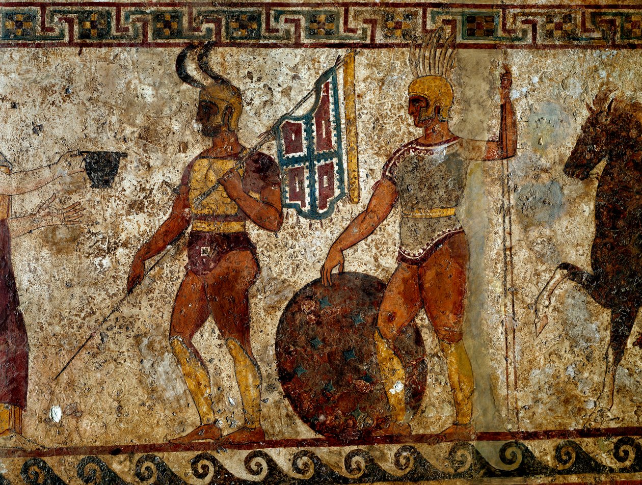 Samnittiske krigere. Gravmaleri fra det 4. århundre f.Kr., fra stedet til Paestum, Italia. Fresco. Mål: 112x199cm. Inv. 9363. Museo nazionale archeologico, Napoli (Arkeologisk museum i Napoli). - Samnittiske krigere. Gravmaleri. 4. århundre f.Kr., fra Paes av Roman