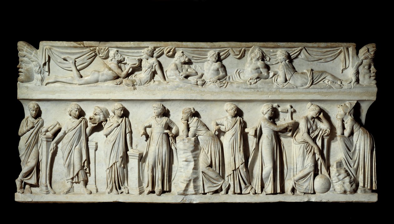 Sarcophagus des Muses: representasjon av muses deesses of arts and letters. Marmor skulptur. 150 e.Kr. Paris, Louvre-museet. av Roman