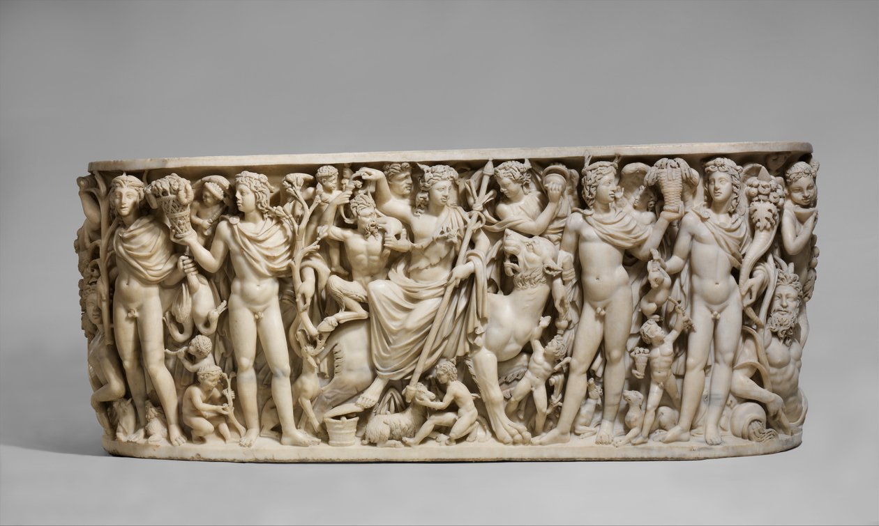 Sarcophagus with the Triumph of Dionysus and the Seasons, c. 260-20 A.D. (marble) av Roman