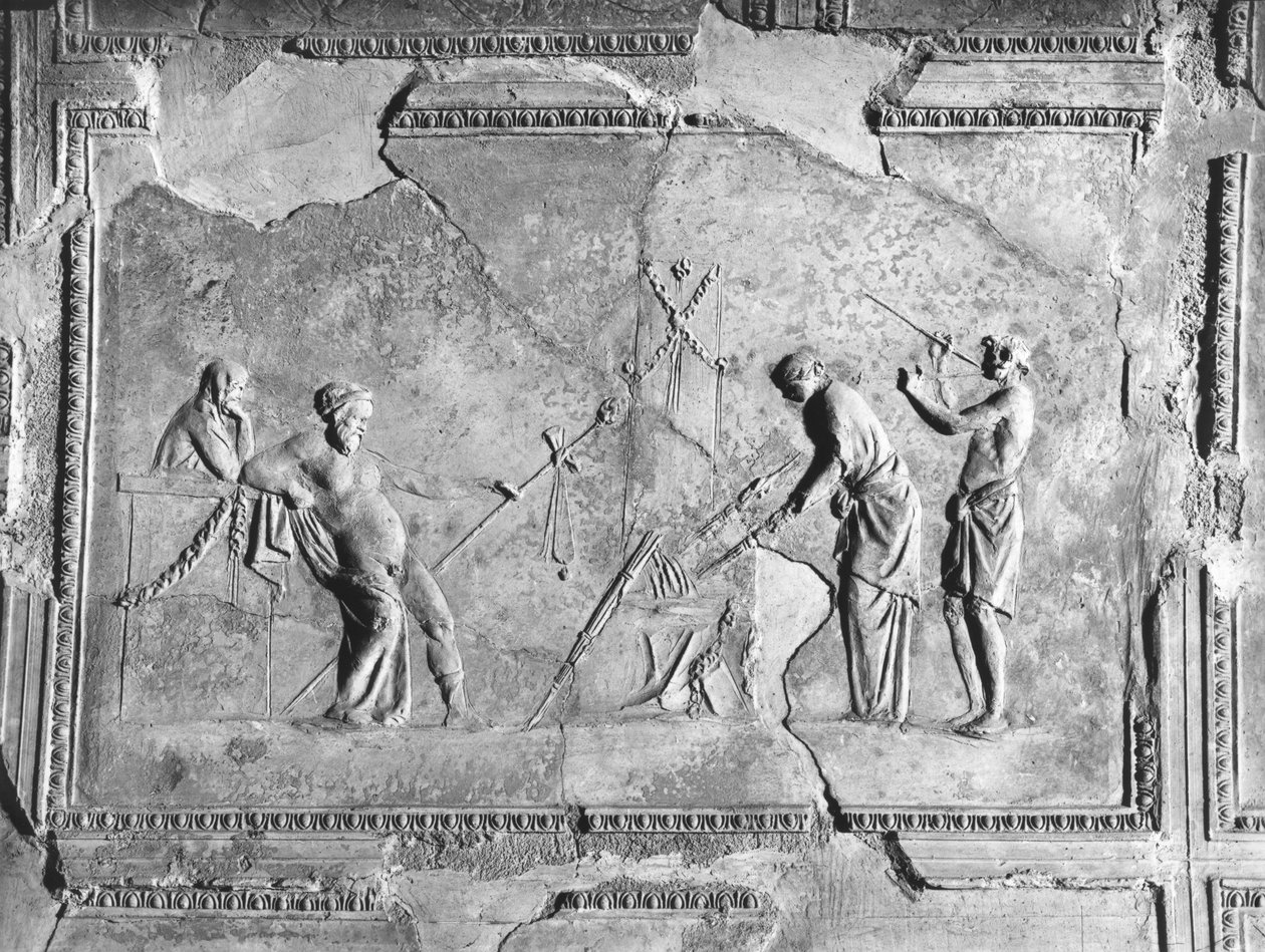 Scene med dionysiske mysterier (detalj av 242795) (stucco) (s/hvitt-bilde) av Roman
