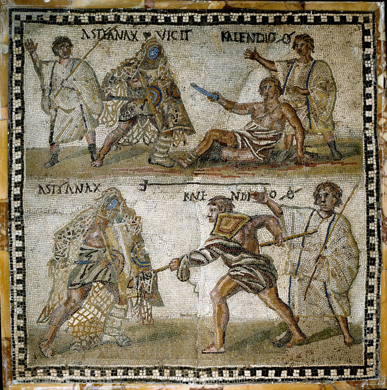 Scene med gladiatorkamper, mellom en pensjonist og en sekutor, 4. århundre (mosaikk) av Roman