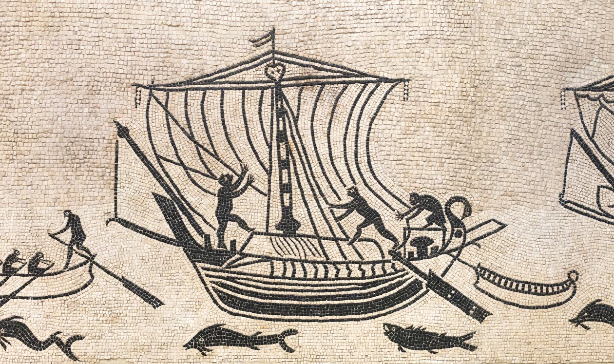 Skip som nærmer seg en havn, detalj av en mosaikk, 2. århundre e.Kr av Roman