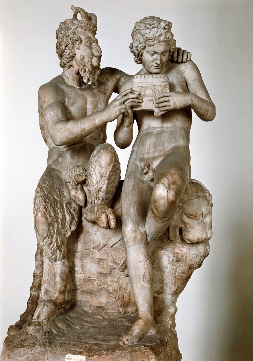 Statuetten av guden Pan som lærer fløyten har sin eromene, hyrden Daphnis 1. århundre f.Kr. Romersk marmorskulptur etter en gresk original. Nasjonalt arkeologisk museum i Napoli - Pan og Daphnis (eller Olympus). Romersk kopi etter en hellenistisk skulptur av Roman