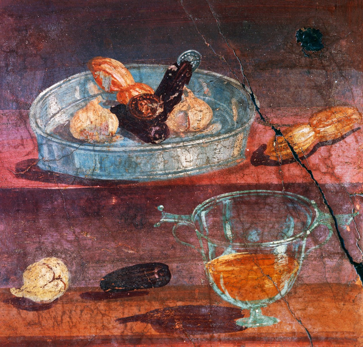 Stilleben med hvitløk, dadler og honning, to gull- og sølvmynter mellom frukt, veggmaleri fra House of Deer, Herculaneum (Unescos verdensarvliste av Roman
