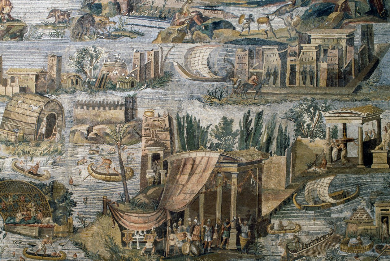 Templer langs Nilen, detalj fra Nilotisk mosaikk av flom av Nilen i Egypt, fra Sanctuary of Fortuna Primigenia ved Palestrina, Lazio, Italia, romersk sivilisasjon av Roman