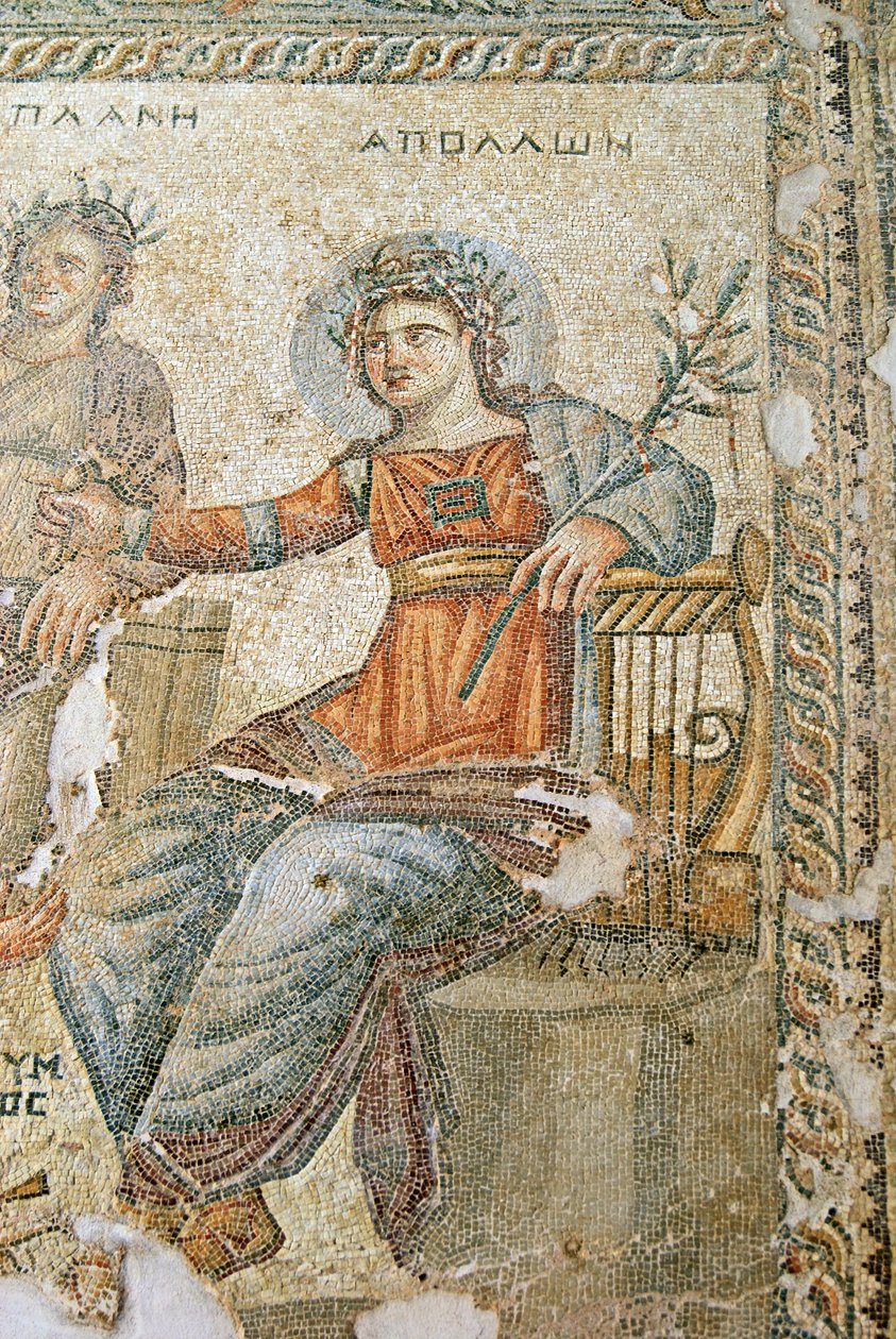 Apollo og Marsyas mosaikk, detalj av Plinius og Apollo, House of Aion, Paphos, Kypros mosaikk av Roman