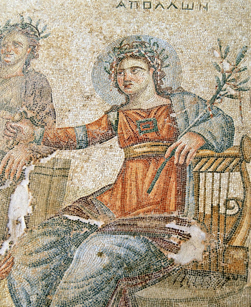 Apollo og Marsyas mosaikk, detalj av Plinius og Apollo, House of Aion, Paphos, Kypros mosaikk av Roman