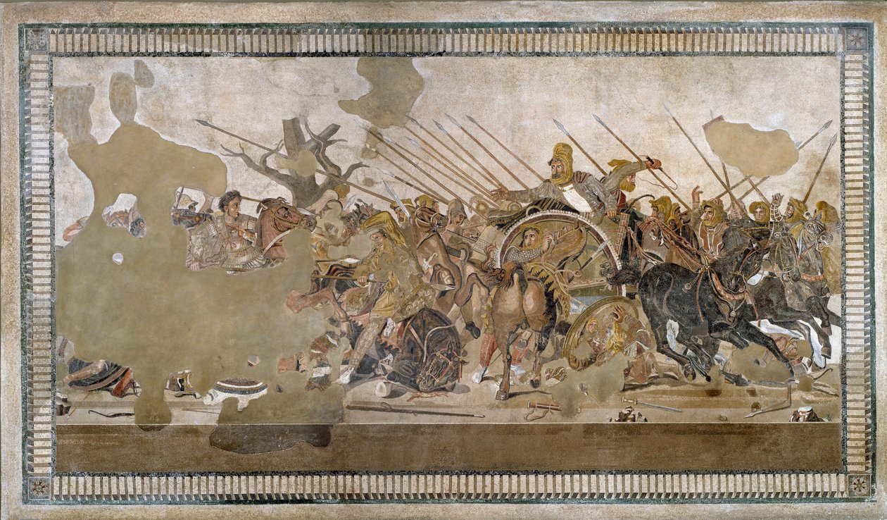Slaget ved Issos vunnet av Alexander III den store mot Darios (Darius) III Codoman (335 - 331 f.Kr.) - Mosaikk av Pompei - av Roman