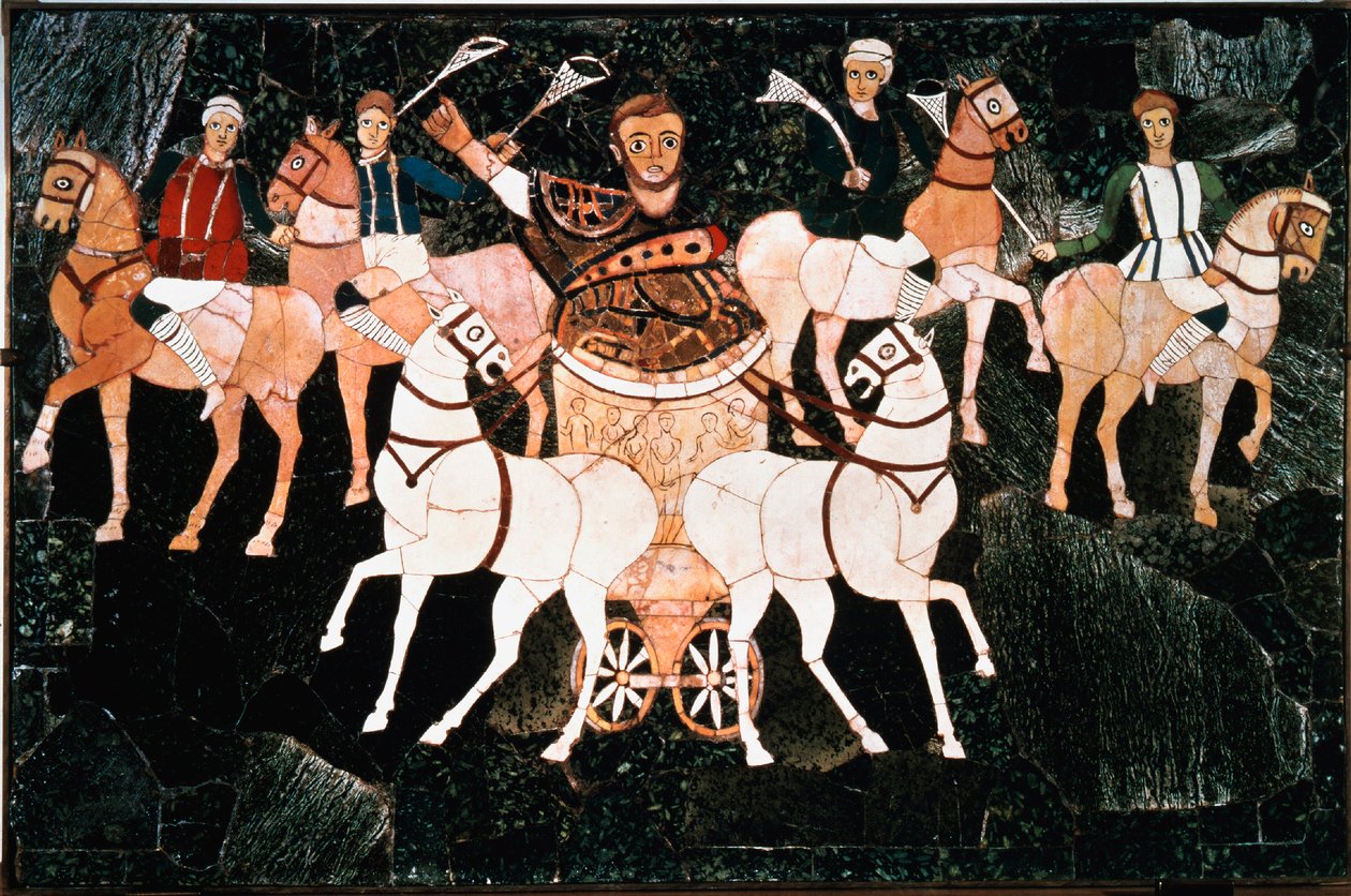 Den romerske konsulen Julius Annius Bassus representerer på en detalj quadrige av stilarbeidsplaten fra det 4. århundre. Basilica of Junius Bassus (Basilica of June Bassi), Esquilin i Roma. Bevare på Conservatori Museum, Roma av Roman