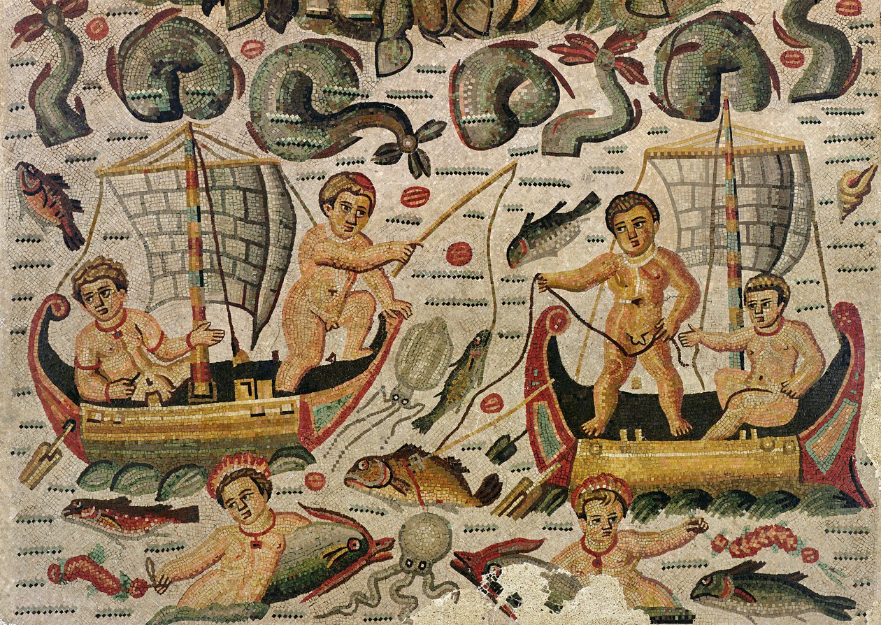 The Triumph of Neptun and Amphitrite, detalj av cupids fiske mosaikk av Roman