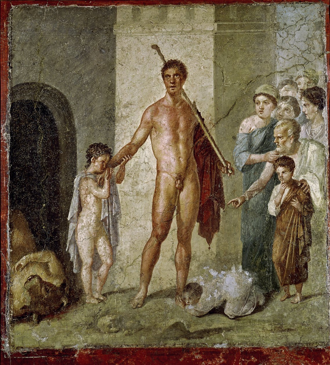 Theseus frigjør barn fra Minotauren, fra huset til Gavius Rufus, Pompeii, 4. pompeiansk stil, ca. 50-79 e.Kr. av Roman
