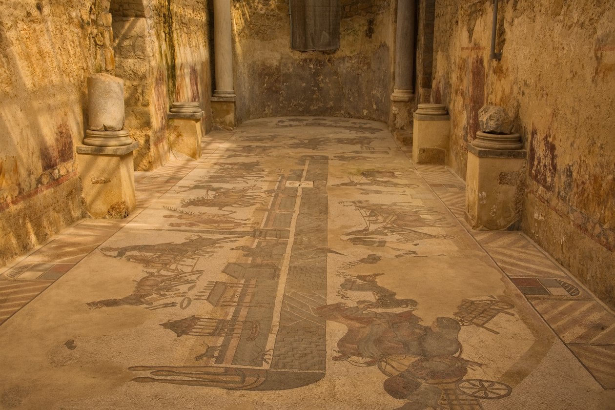 Two Apse Room, gulvmosaikk, Villa Romana del Casale, Piazza Armerina, Sicilia, Italia (bilde) av Roman