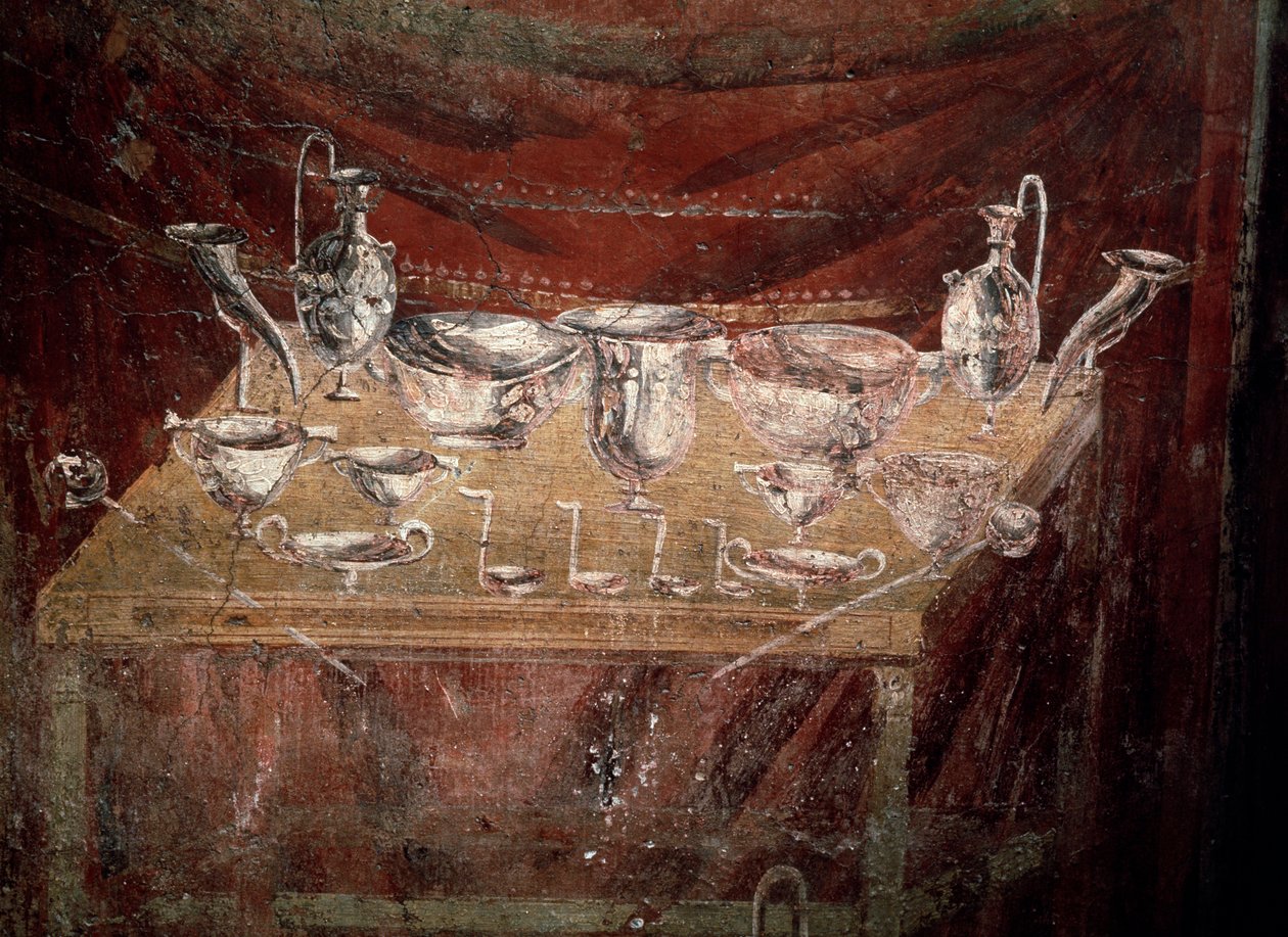 Utsikt over et bord dekket med sølvretter (fresco av Roman