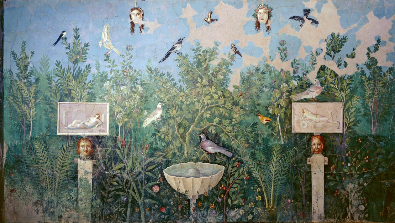Veggfresko som viser hage og fugler, House of the Golden Armband, Pompeii av Roman