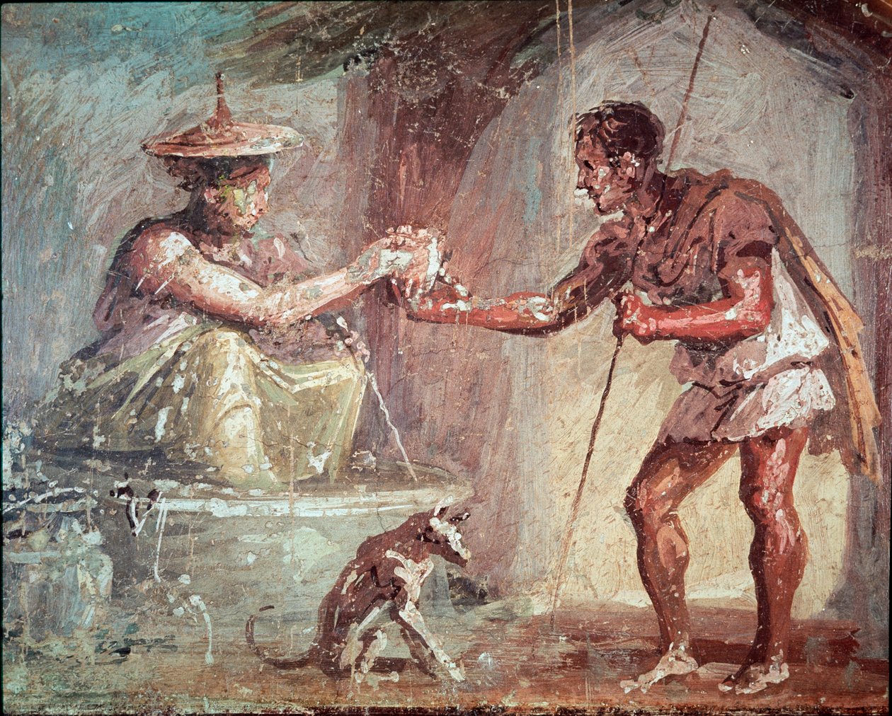 Kvinne tilbyr drikke til en vandrer (fresco av Roman
