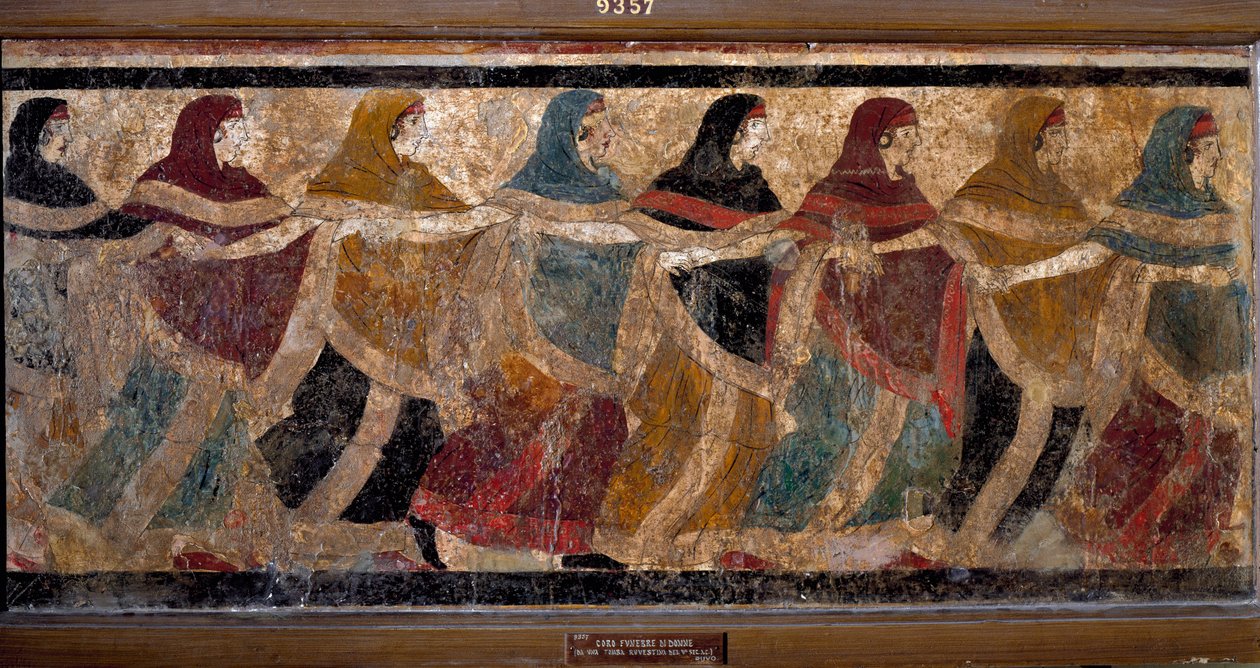 Kvinners begravelsesrunde. Fersk 117x52,5cm. Maleri fra graven nr. 11, via dei Cappuccini i Ruvo, Italia. 5. århundre f.Kr. Fersk i 6 fragmenter. Inv. NO 9357. Nasjonalt arkeologisk museum, Napoli (Musee Archeologique de Naples). av Roman