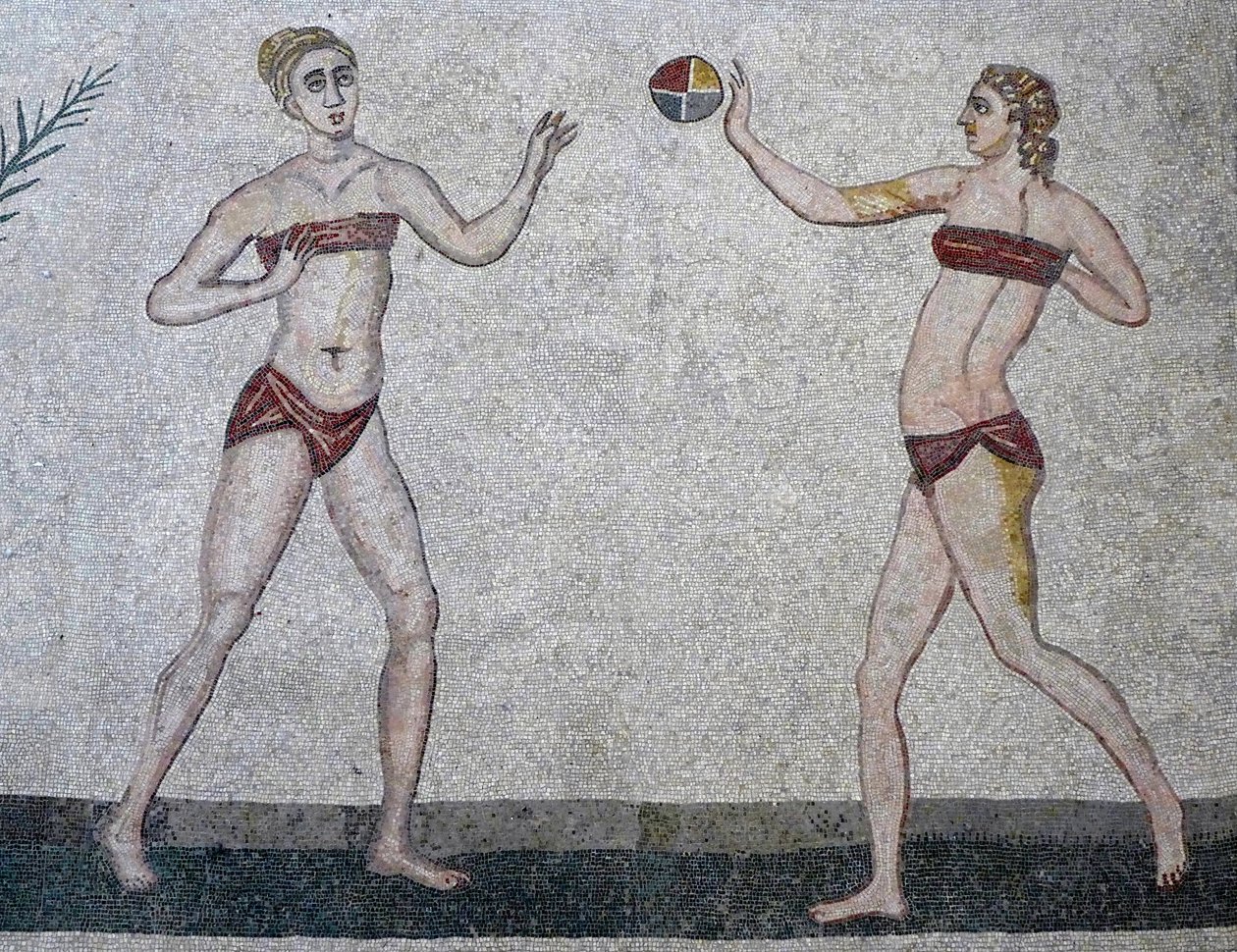 Unge kvinner i bikini, Villa Romana del Casale, Sicilia, 315–350 e.Kr. (mosaikk) av Roman