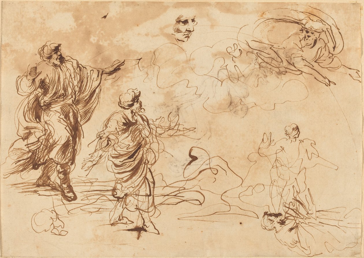 Studier for en bibelsk scene med Gud Faderen som viser seg for en skjeggete mannsfigur av Roman 17th Century