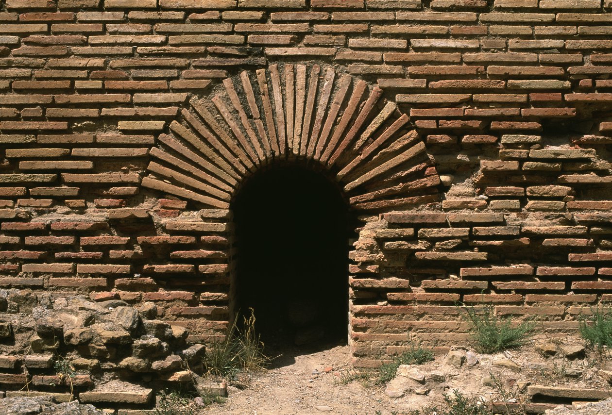 Nordlige termiske bad, detalj av en murvegg, høy keiserperiode 27 f.Kr.-395 murstein av Roman Imperial Period