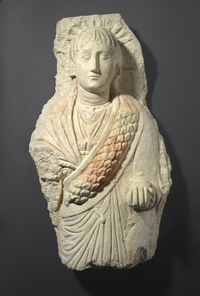Begravelsesfigur av en kvinne, funnet i Oxyrhynchos, 3.-4. århundre (kalkstein med spor av gesso og maling) av Roman Period Egyptian