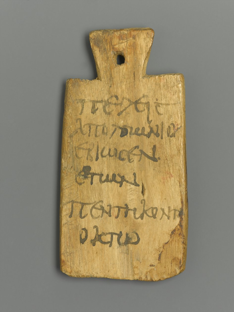 Mummy Tag med gresk inskripsjon (tre og pigment) av Roman Period Egyptian