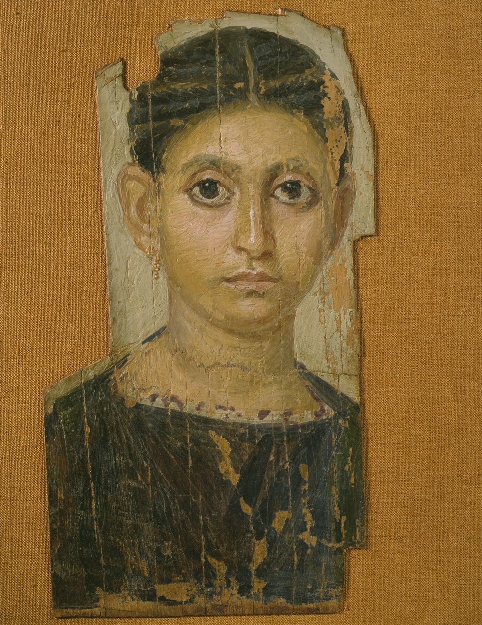Mummi kvinneportrett, fra Fayum, sent på 300-tallet e.Kr. (enkaustisk voks på malt tre) av Roman Period Egyptian