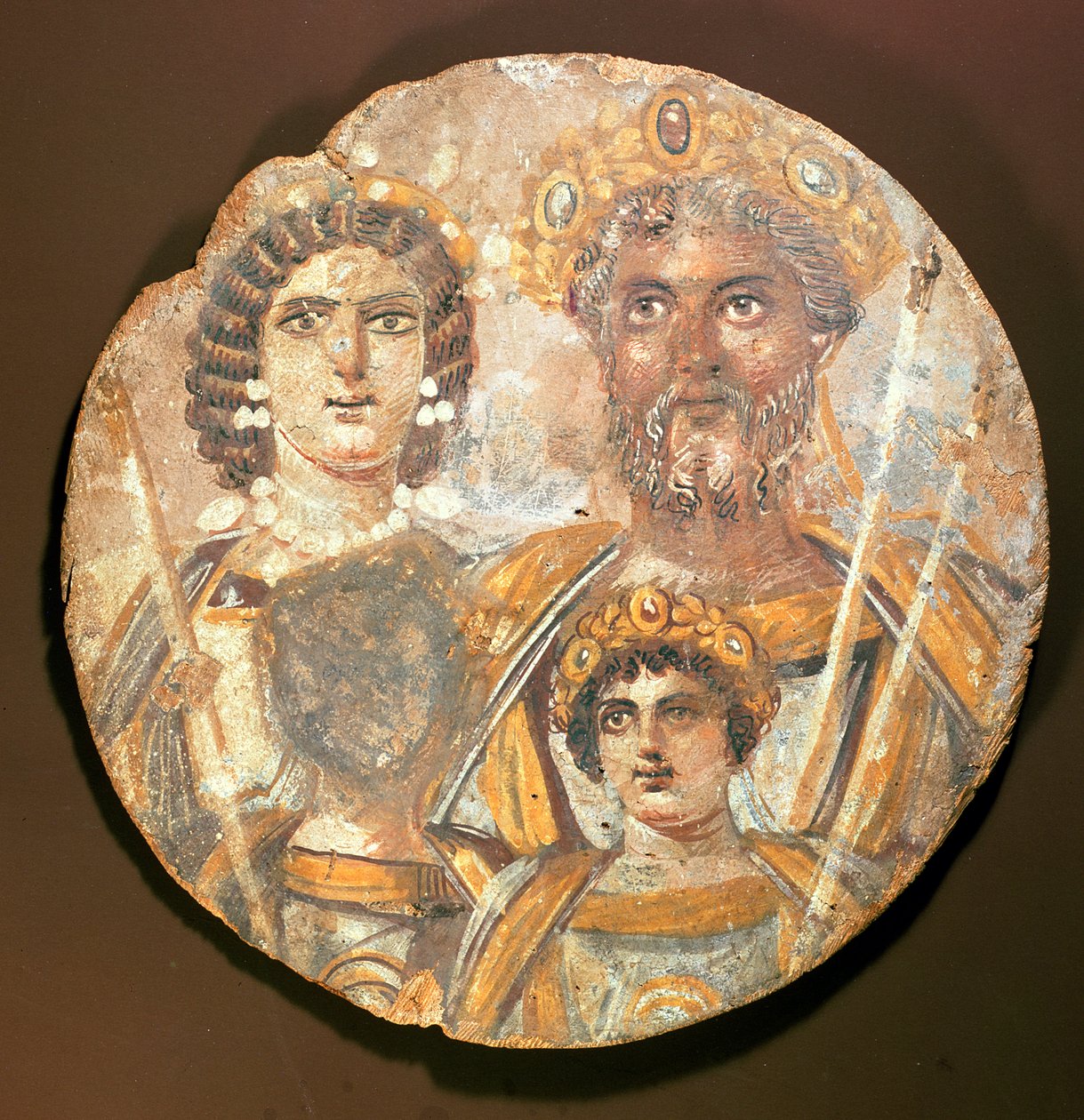 Tondo: Panel av familien til Septimius Severus, ca. 200 e.Kr. tempera på tre av Roman Period Egyptian