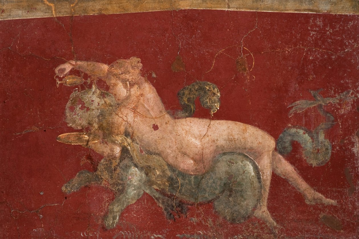 Nereiden på et havdyr sjøpanter, 1. H. 1. cn. A.D. av Roman Pompeian wall painting.