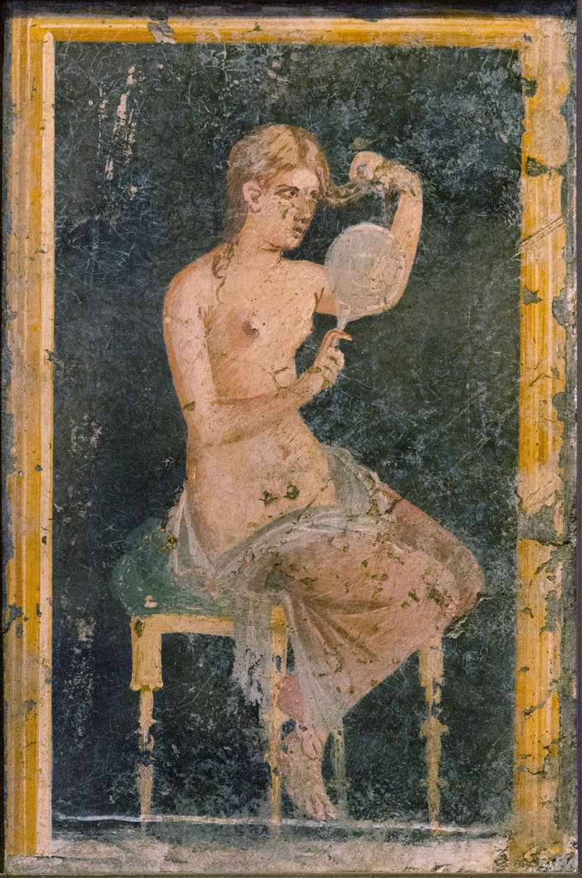 Kvinne med speil, 1. H. 1. århundre. AD. av Roman Pompeian wall painting.