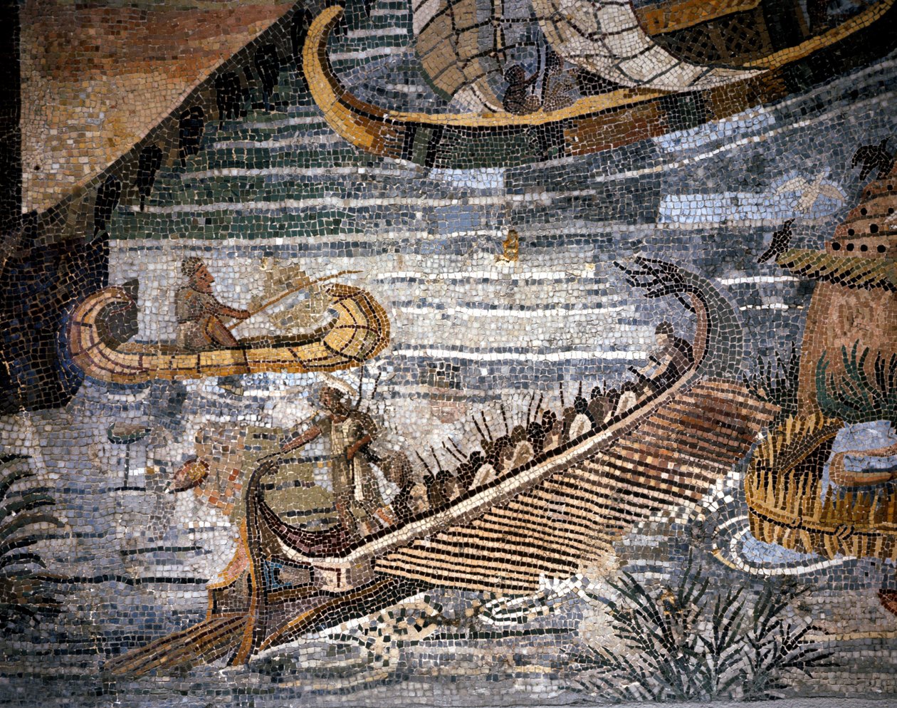 En romersk bireme (slags galere har to rader) Detalj av en mosaikk i Palestrina. av Roman Roman