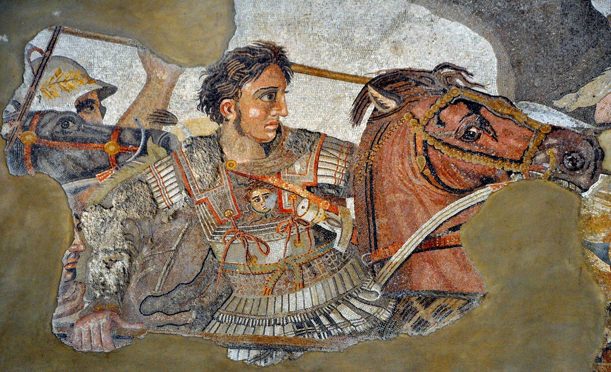 Alexander den store (356 - 323 f.Kr.) på hesten Bucephale - detalj av en mosaikk av Pompeii: Slaget ved Issos mellom Alexander og Darius (4. århundre f.Kr.). - opus vermiculatum - Musee Archeologique de Naples, Italia - Museo Archeologico Nazionale, Napoli av Roman Roman