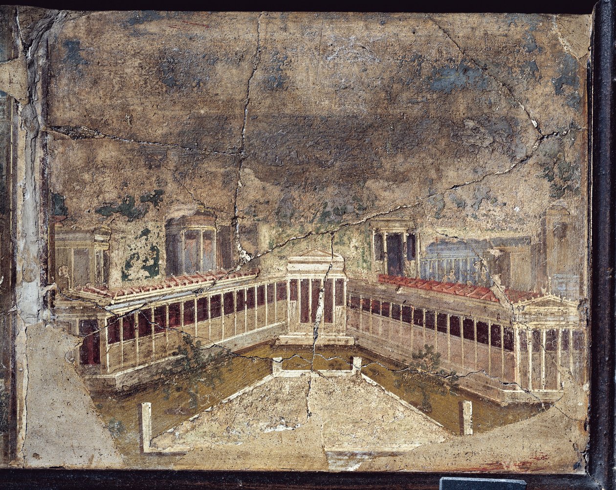 Gammel romersk freskomaleri med arkitektoniske temaer fra Pompeii av Roman Roman
