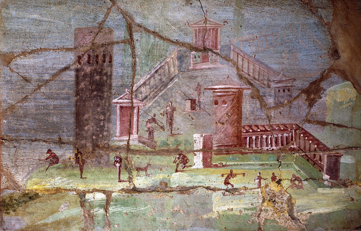 Gammel romersk freskomaleri med landskap fra Pompeii av Roman Roman