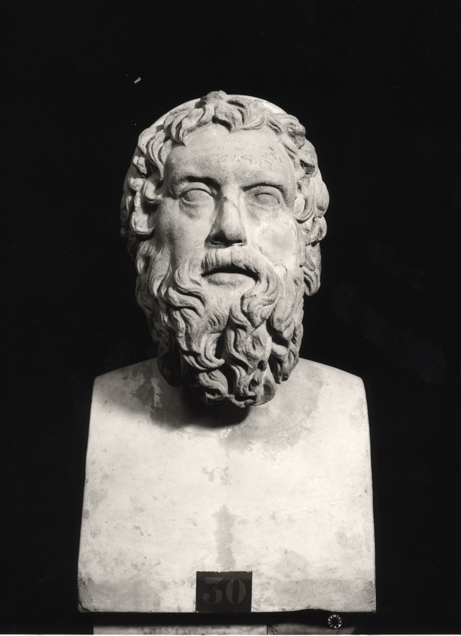 Byste av Aristofanes (ca. 445-c.385 f.Kr.) (marmor) (s/hvitt-bilde) av Roman Roman