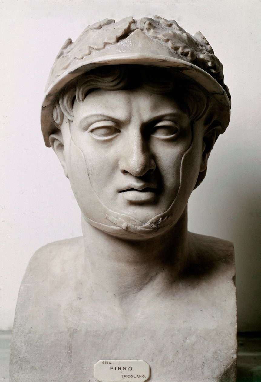 Byste av Pyrrhus I (eller Pyrrhos) konge av Epire fra 306 til 272 f.Kr. Fra Herculaneum (Herculanum). Fra en original 290 f.Kr. Napoli, Nasjonalt arkeologisk museum - Byste av Pyrrhus av Epirus (319-272 f.Kr.). Romersk kopi etter original ca. 290 f.Kr. Mar av Roman Roman