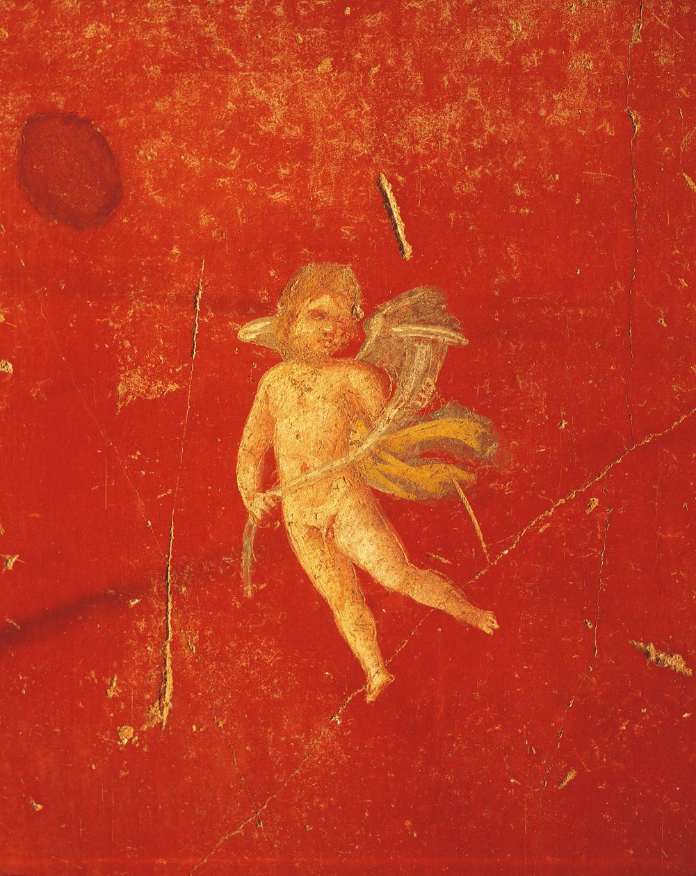 Kjerub i rød pompeiansk bakgrunn, freskomaleri i fjerde pompeiansk stil, fra House of Pinario Ceriale, Pompeii, Campania, romersk sivilisasjon av Roman Roman