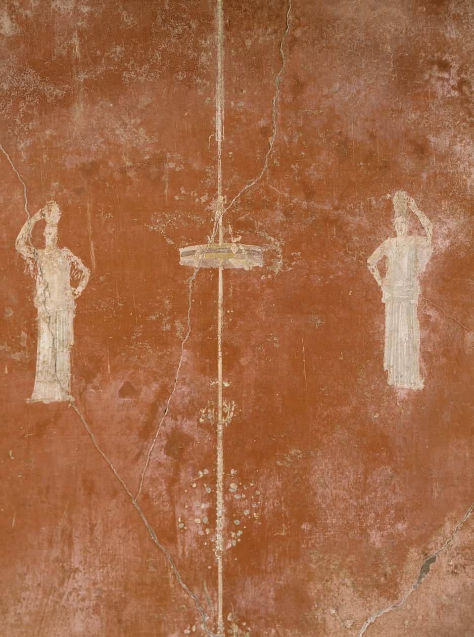 Dekorasjon på rød bakgrunn i tredje pompeiansk stil, House of Sacerdus Amandus, Pompeii, Campania, romersk sivilisasjon av Roman Roman