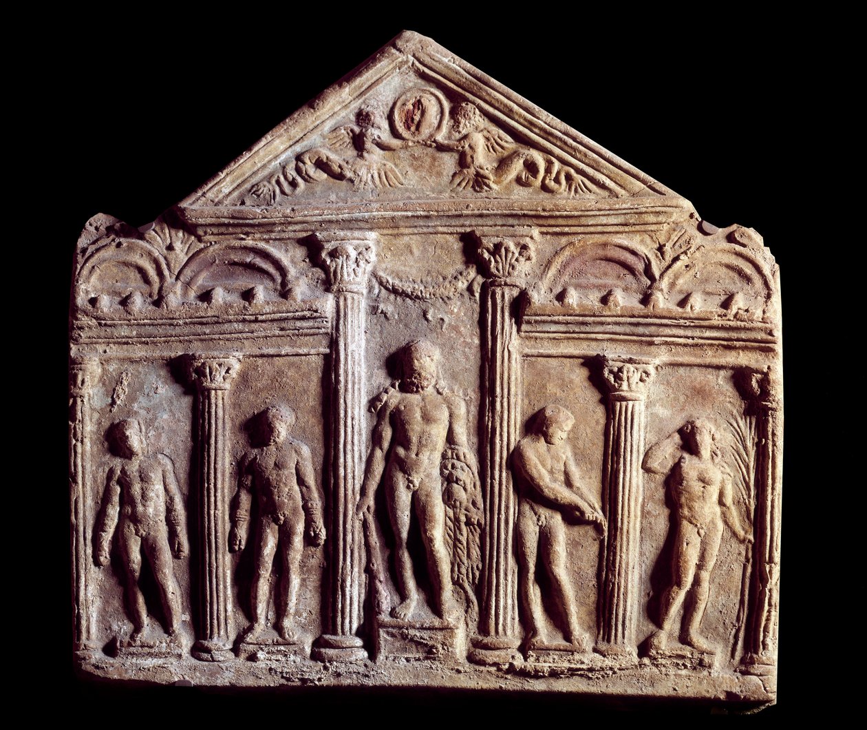Dekorativ terrakottaplakett kalt Campana som representerer et tempel med statuer inkludert Hercules i sentrum. Antikkens Roma. Paris, Louvre-museet av Roman Roman
