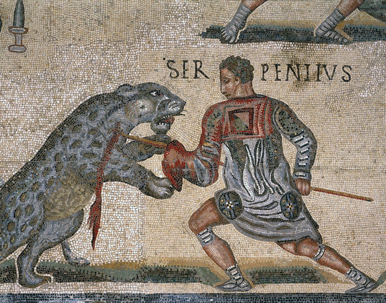 Detalj av en mosaikk av en gladiatorkamp, opprinnelig fra Torre Nuova av Roman Roman