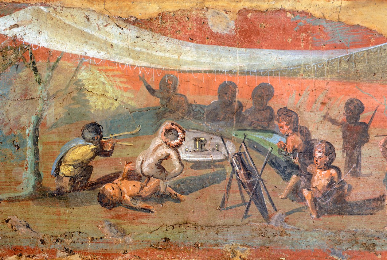 Detalj av et maleri som viser en scene satt på gips langs Nilen med pygmeer, 56x217 cm, fra Pompeii, UNESCOs verdensarvliste av Roman Roman