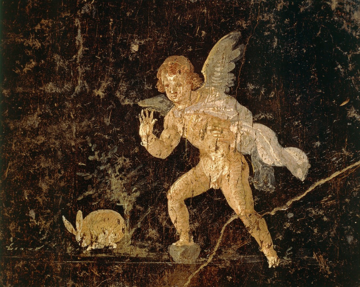 Freske som viser Amor som jakter på en hare fra Pompeii, Napoli-provinsen, Italia, romersk sivilisasjon av Roman Roman
