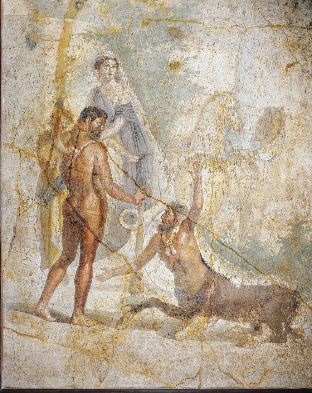 Freske som viser Hercules, Deianira og Hyllus som krysser elven Evenus fra Pompei, Italia av Roman Roman