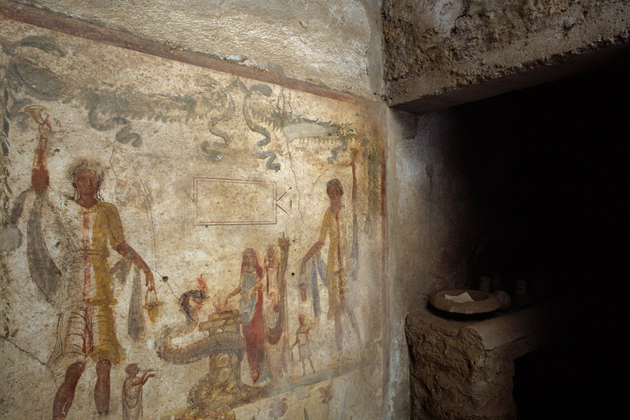 Freske som viser Lararium nær inngangen til kjøkkenet, House of Caius Julius Polybius, Pompeii (UNESCOs verdensarvliste av Roman Roman