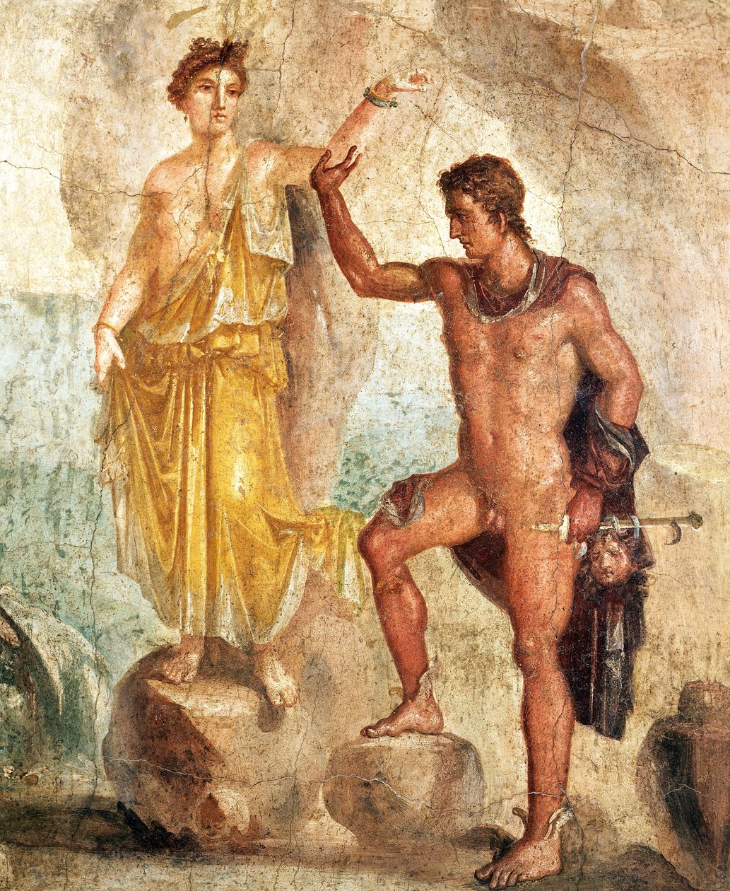 Fresco som viser Perseus og Andromeda, maleri på gips av Roman Roman